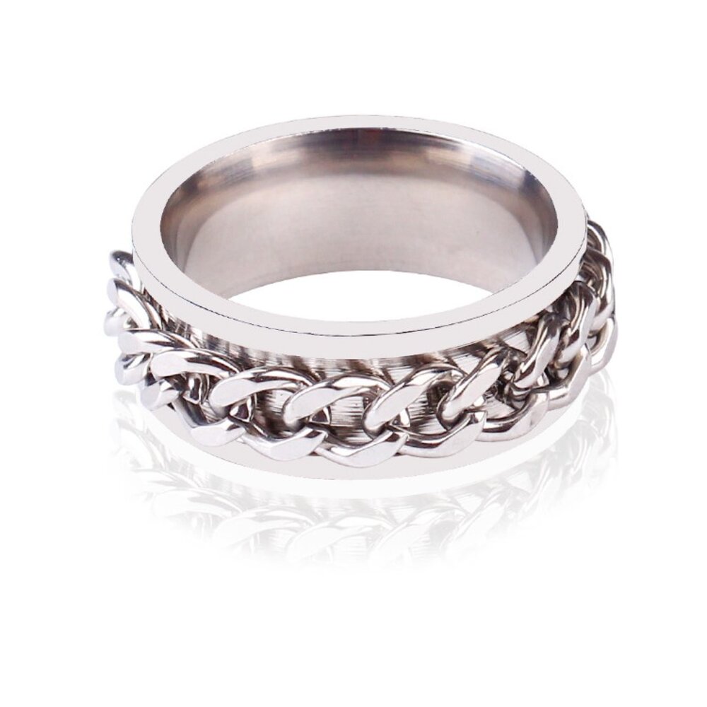 3/$35 Silver Tone Stainless Steel Band Ring Chain Design Unisex Men Women